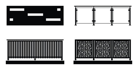 Illustration showing four fence types including railing, picket, glass panels, and lattice fence design in black and white.
