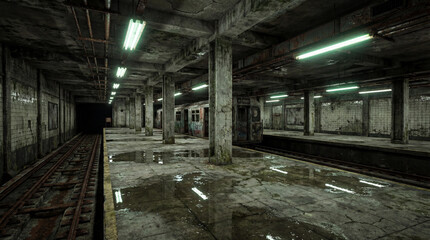 Abandoned dirty dark subway station with water puddles on the platform
