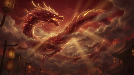 Majestic red dragon flying through dark clouds with golden light beams and traditional lanterns for chinese new year background