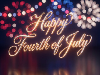Golden Happy Fourth of July text with blurred patriotic fireworks