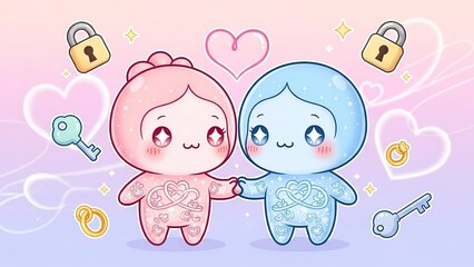 Cute animated pink and blue baby characters in onesies holding hands with love hearts and security locks symbols