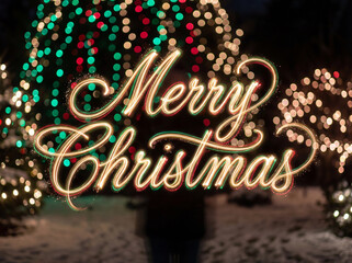The Merry Christmas text glows with festive holiday lights