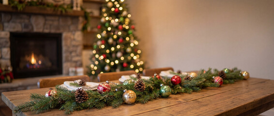 Decorated wooden table with Christmas garland and glowing tree