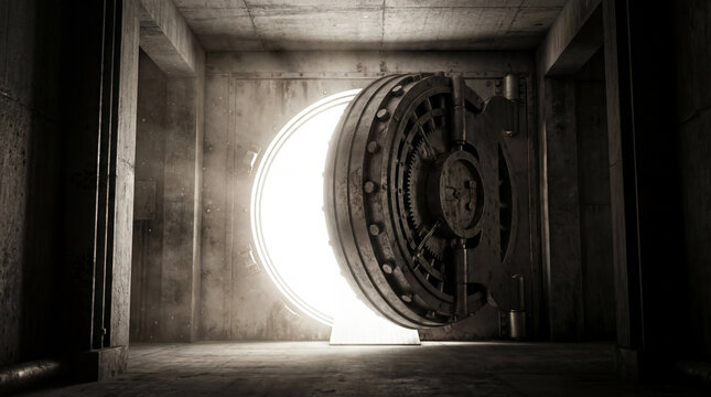 Strong security vault door opening with bright light revealing mystery