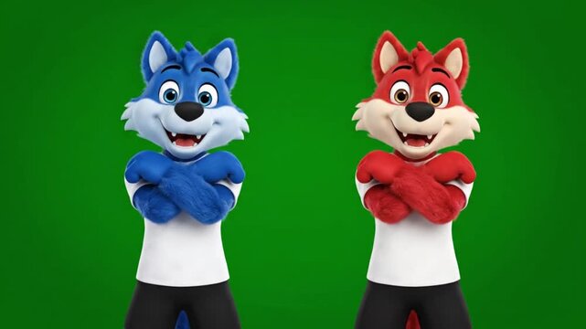 Cute animated wolf pair dressed in clown outfits dancing side by side against a bright green screen charming cartoon animation lively poses smooth frame flow high quality visuals no noise
