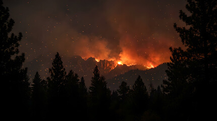 Mountain wildfire illuminates night sky with burning trees and smoke
