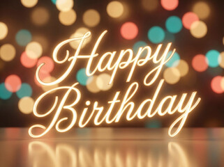 Glowing Happy Birthday message with colorful bokeh lights background