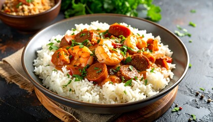 Delicious Shrimp and Sausage Jambalaya Served Over Fluffy White Rice.
