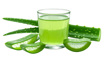 Fresh aloe vera juice in transparent glass with aloe leaves, clean healthy lifestyle concept, natural green tones, studio lighting, isolated on transparent background