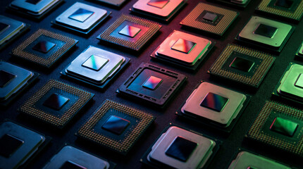 computer processors arranged in a grid with colorful light reflections