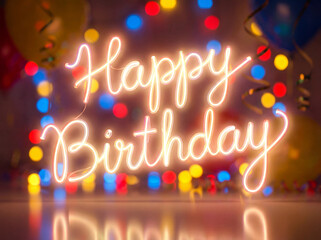 A Happy Birthday neon sign glows among colorful party balloons