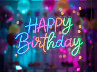 Colorful neon Happy Birthday sign glowing at vibrant party celebration
