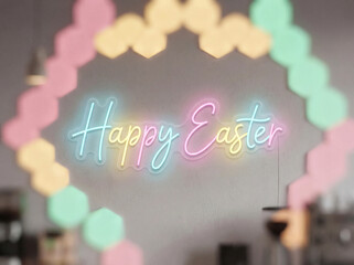 Happy Easter neon sign on wall with pastel hexagonal lights