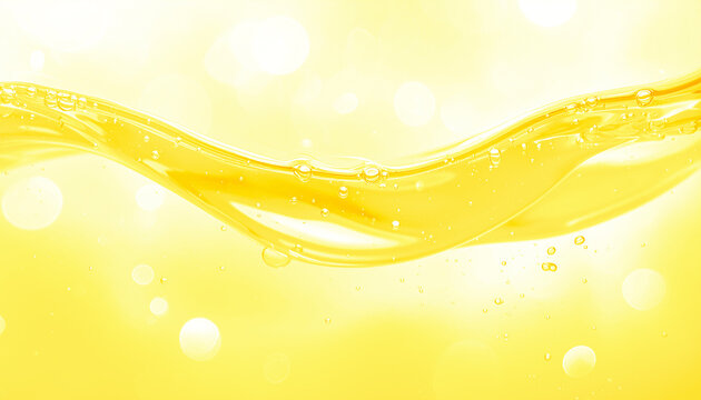Yellow liquid splash with bubbles, Vitamin C serum or oil wave background
