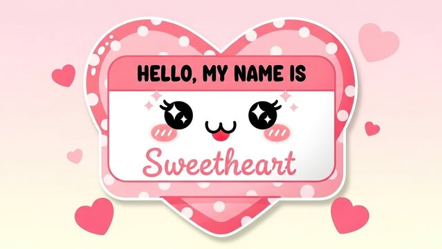 Cute hand-drawn devil face on a pink polka dot heart name tag with romantic hello greeting and blush details