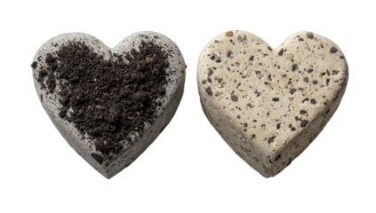Two textured heart shapes, one with soil, the other bare concrete