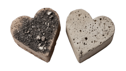 Two heart shapes, one covered in dark dirt, the other in light concrete