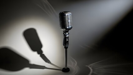 Iconic vintage microphone bathed in a theatrical spotlight with smoky haze, ready for a captivating live performance or broadcast event
