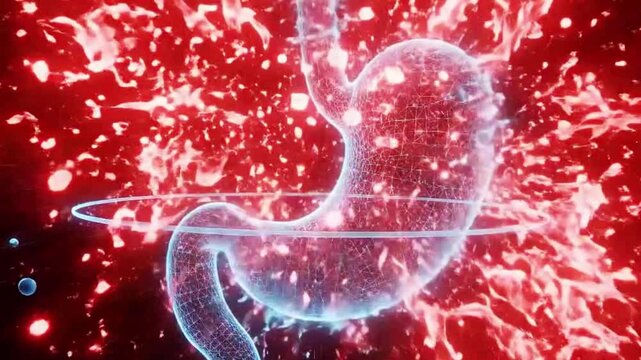 3D Medical Illustration of Inflamed Human Stomach with Acid Reaction