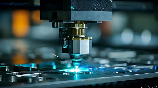 A high-precision CNC laser cutting machine slices through metal with a brilliant display of sparks, showcasing advanced industrial manufacturing and fabrication technology