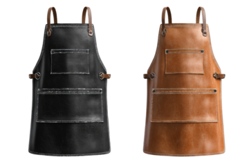 Two leather aprons, black and tan, against a black background