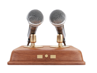 Two vintage-style microphones mounted on a polished wooden base