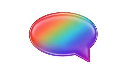 Vibrant 3D speech bubble icon with a glossy rainbow gradient, symbolizing diverse communication and inclusive dialogue on a crisp white background, perfect for digital interfaces