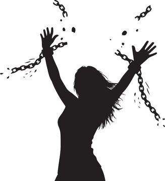 Silhouette of a woman breaking free from chains with arms raised