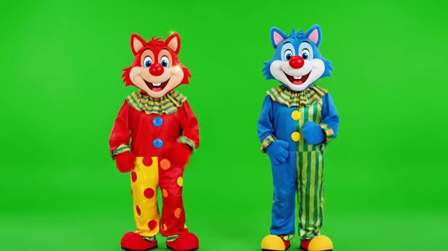 Festive animated wolf duo dancing happily in clown costumes on a pure green screen fun cartoon animation dynamic poses smooth camera feeling high quality render clean background no noise
