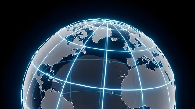 Digital globe with glowing blue grid lines representing global connections and technology - Powered by Adobe
