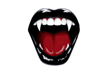 Glossy black lips with fangs and a red tongue, against a black background