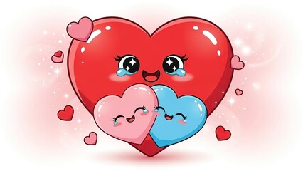 Cute animated hearts with happy and emotional expressions holding smaller colorful in a joyful illustration