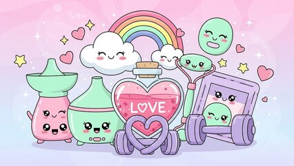Colorful cartoon characters of smiling bottles and jars hugging a giant red heart with rainbow and floating love symbols
