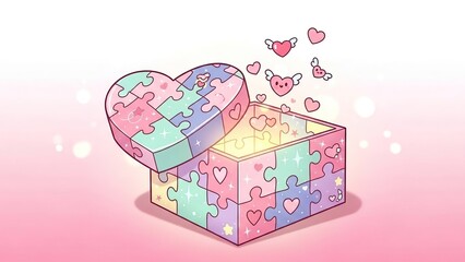 Colorful interlocking heart-shaped jigsaw puzzle pieces with floating decorative elements in pastel pink, blue, and green tones