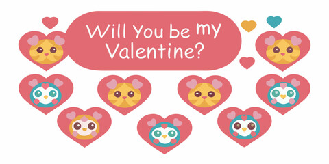 Cute cartoon hearts and animals with a valentine s day message