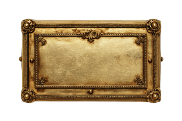 Ornate golden plaque with decorative flourishes and a textured surface