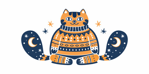 A charming illustration of a cat wearing a cozy winter sweater and celestial motifs