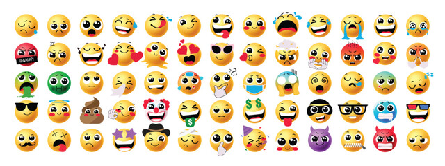 Emoji smiley clipart set. Yellow Emojis character clip art with sad, happy, annoyed, cry, depression, angry, sob, love, hot, tired and stress emoji symbol mood and feeling collection vector 