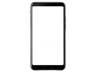 A sleek, black smartphone with a blank white screen