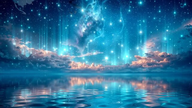 水面に映る輝く星々が織りなす幻想的な夜空
