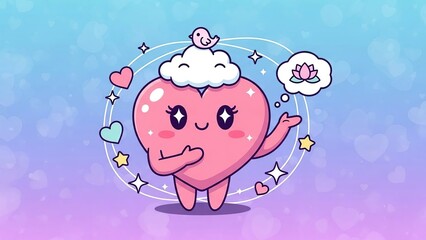 Adorable animated pink cloud mascot with hearts and stars floating around in a cheerful and dreamy atmosphere
