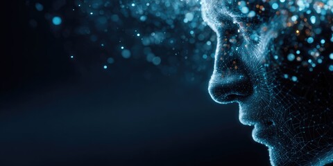 Abstract illustration of a human profile with glowing particles against a dark background
