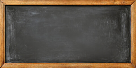 A simple, empty, dark gray rectangular chalkboard with a worn wooden frame