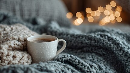 Obraz premium Cozy evening interior scene with white mug of hot coffee resting on grey chunky knit blanket under warm lamp light creating bokeh background.