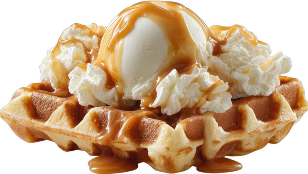 A warm waffle topped with creamy ice cream, whipped cream, and caramel