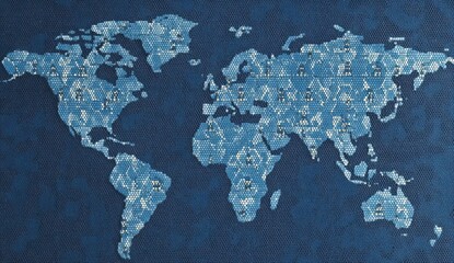 Abstract world map illustration with digital network pattern on dark blue