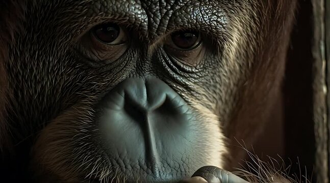 An extreme close-up of a pensive orangutan's face, highlighting its soulful, intelligent eyes and the detailed texture of its skin and fur