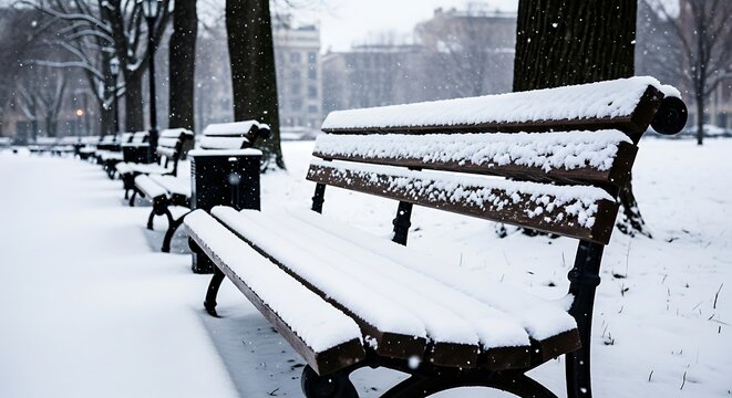 Snow covered benches in a park during winter snowfall - Powered by Adobe