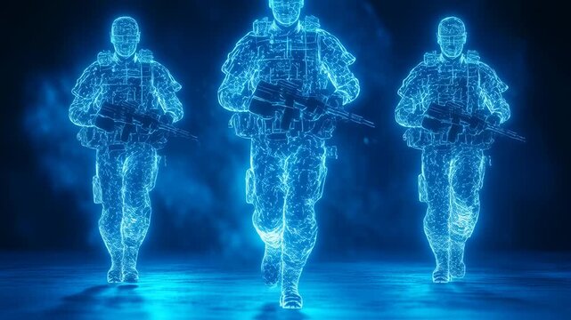Futuristic Holographic Soldiers Marching Forward with Weapons in a Dark Environment