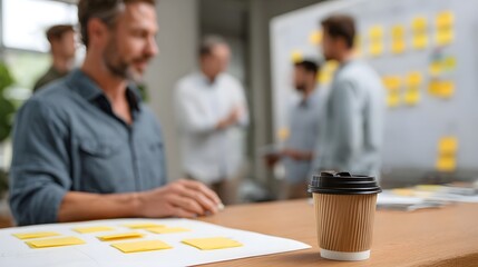 A team of professionals collaborating on ideas using sticky notes during a business meeting